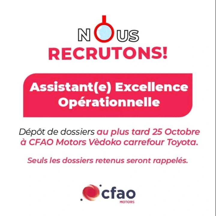 CFAO Motors Benin recherche un(e) assistant(e) Excellence opérationnelle.