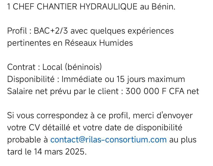 Chef Chantier Hydraulique au Bénin