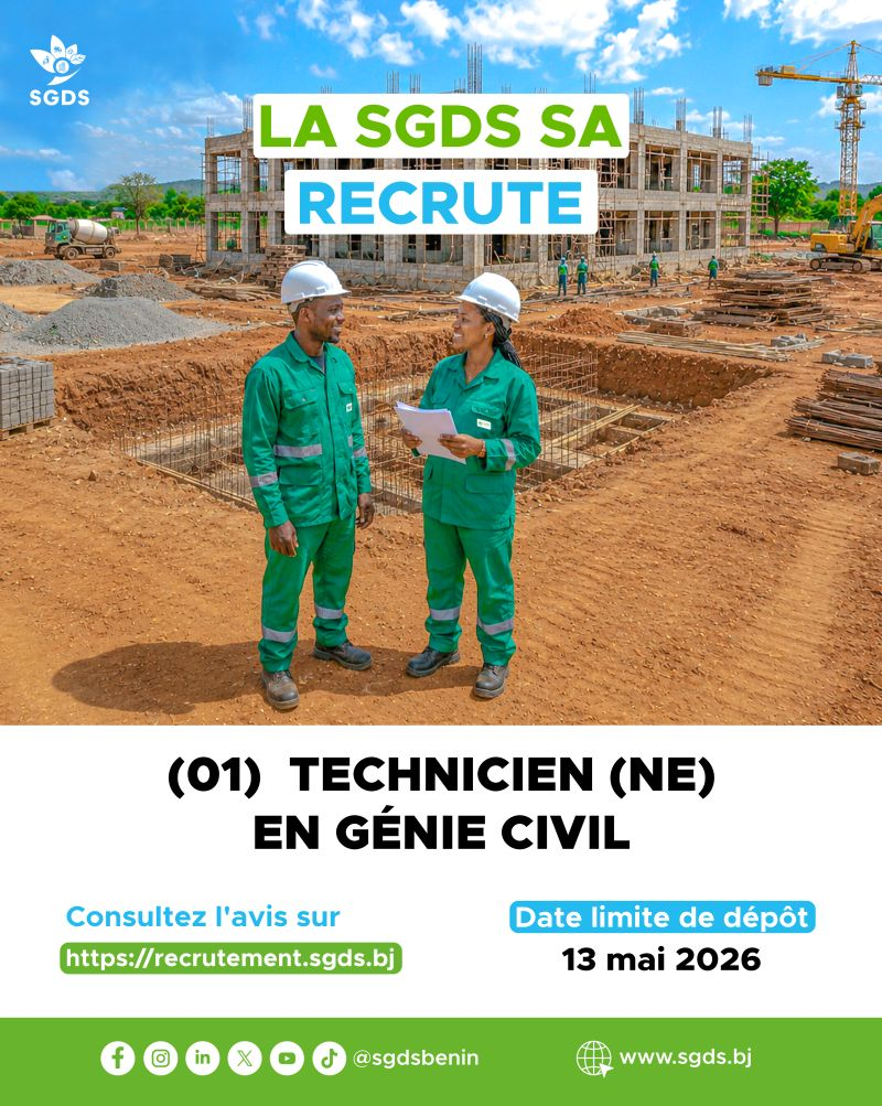 La SGDS recrute (1) technicien (ne) en génie civil. 